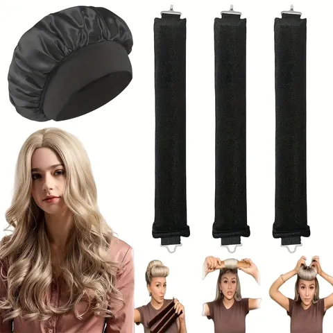 Juego de Rizadores de Pelo Sin Calor Con Gorro de Dormir de Satén y Rizadores de Terciopelo para Pelo Largo Herramientas de Peinado Rosa Negro Beige