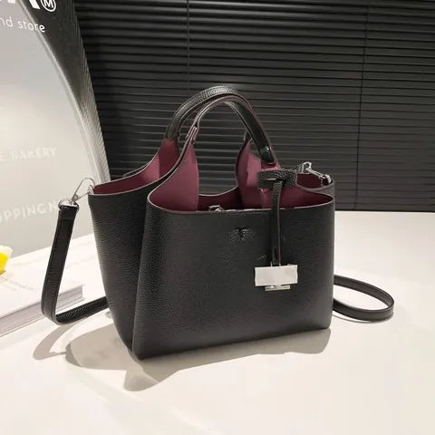 Dames Elegante PU Lederen Emmer Tas Grote Capaciteit Tote Handtas Contrast Voering Schouder Crossbody Tas Dagelijks Woon-werkverkeer