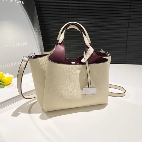 Dames Elegante PU Lederen Emmer Tas Grote Capaciteit Tote Handtas Contrast Voering Schouder Crossbody Tas Dagelijks Woon-werkverkeer