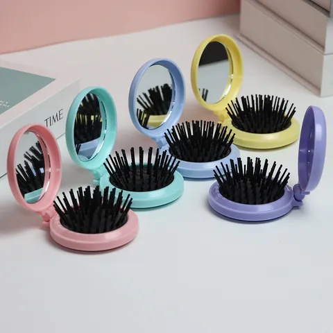 Brosse à Cheveux Pliante Portable pour Femmes Filles Avec Miroir Couleurs Macaron Peigne de Massage pour Voyage Usage Quotidien