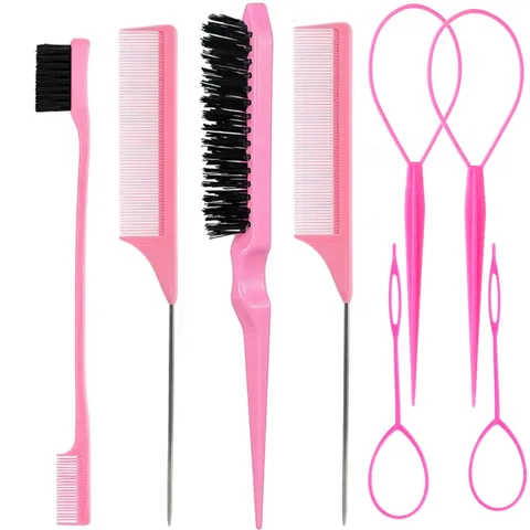 Professionelles Haarstyling-Werkzeugset Edelstahl-Stielkamm Toupierbürste Edge-Control-Bürste Topsy-Tail-Flechtwerkzeug