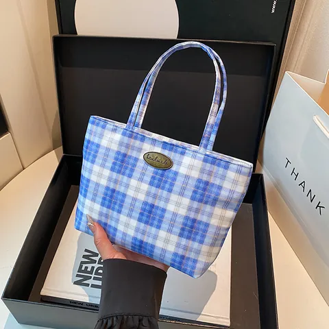 Damen Minimalistische Verbundgewebe Tragetasche Retro Kariert Einfarbig Handtasche Mit Handmade Metallemblem Lässige Schultertasche