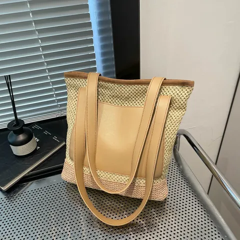 Bolso Tote Informal de Paja Tejida para Mujer Con Bolsillo de Cuero Color en Contraste Vacaciones Playa Gran Capacidad