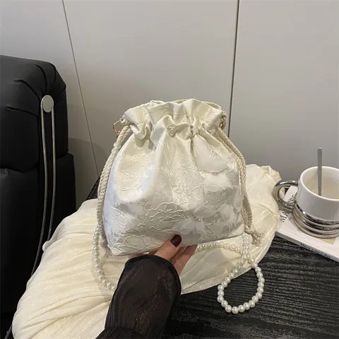 Women Elegant Floral Lace 3D Butterfly Bucket Bag With Pearl Chain Strap Drawstring Crossbody Shoulder Bag For Party Wedding