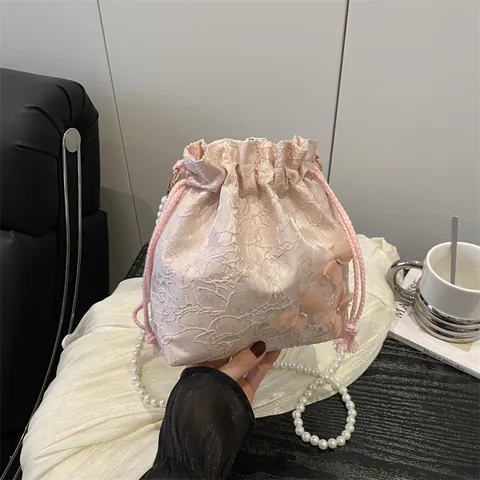 Women Elegant Floral Lace 3D Butterfly Bucket Bag With Pearl Chain Strap Drawstring Crossbody Shoulder Bag For Party Wedding