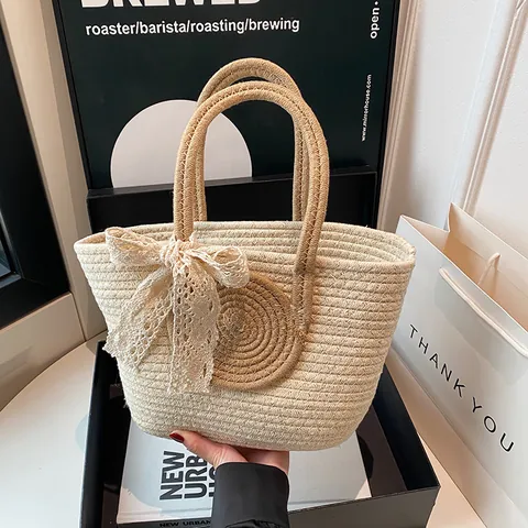 Damen Casual Strohgeflochtene Shopper Mit Spitzenschleife Große Kapazität Handgewebte Handtasche Sommer Strandurlaub Alltag