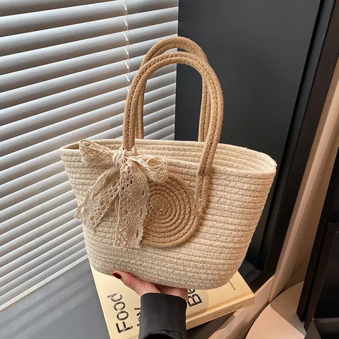 Damen Casual Strohgeflochtene Shopper Mit Spitzenschleife Große Kapazität Handgewebte Handtasche Sommer Strandurlaub Alltag