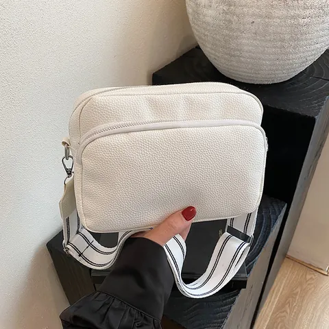 Women PU Leather Crossbody Bag Small Square Camera Bag Wide Striped Strap Litchi Texture Dual Zipper Handbag Fashion Bag