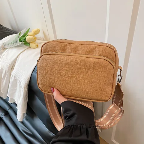 Women PU Leather Crossbody Bag Small Square Camera Bag Wide Striped Strap Litchi Texture Dual Zipper Handbag Fashion Bag