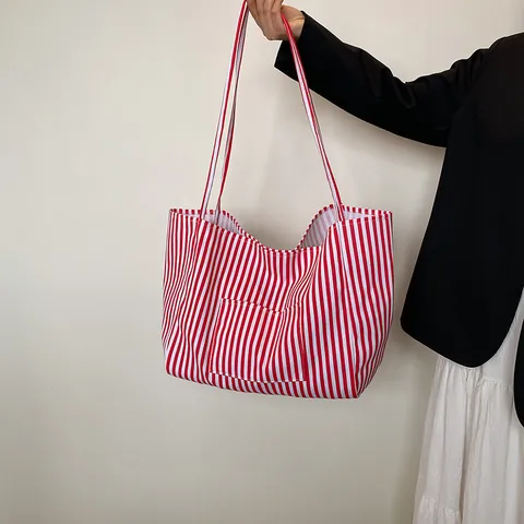 Sac Fourre-Tout en Toile à Rayures Verticales de Style Coréen pour Femmes Grande Capacité Sac à Bandoulière Décontracté Avec Poche Avant