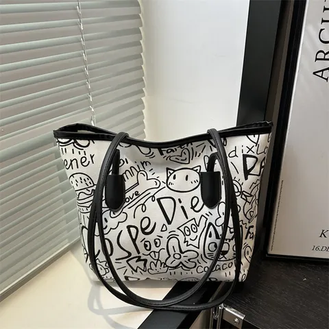Damen Canvas Tragetasche Graffiti Buchstaben Druck Große Kapazität Handtasche Schultertasche Urban Casual Streetwear Shopping Tasche