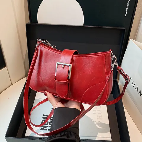 Bolso de Axila de Cuero PU Retro Francés para Mujer Hebilla Plateada Bolso de Hombro Cuadrado Color Sólido Elegante