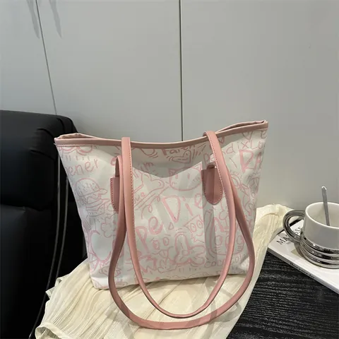 Damen Canvas Tragetasche Graffiti Buchstaben Druck Große Kapazität Handtasche Schultertasche Urban Casual Streetwear Shopping Tasche