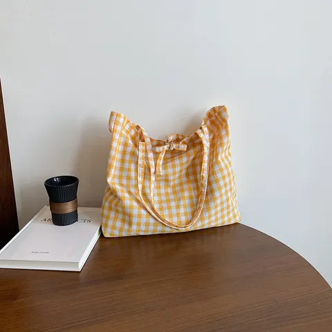 Women Summer Gingham Grid Nylon Tote Bag Fresh Style Bow Detail Large Capacity Shoulder Handbag Daily Casual Shopping Bag