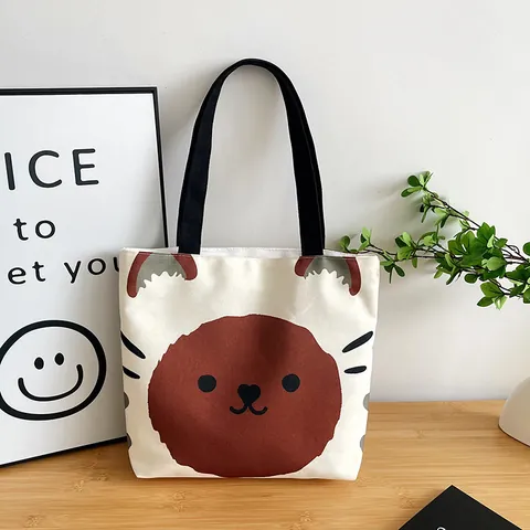 Women's Canvas Tote Bag Japanese Cartoon Animal Print Large Capacity Zipper Shoulder Bag Daily Commute Student Handbag