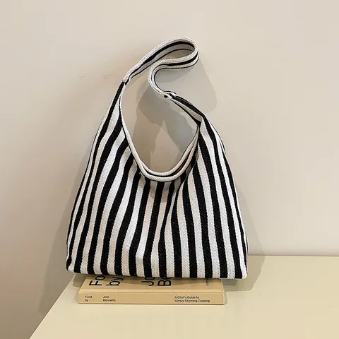 Women Casual Striped Canvas Tote Bag Large Capacity Shoulder Bag Color Block Hobo Shopping Bag Urban Minimalist Style