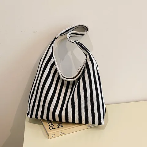 Women Casual Striped Canvas Tote Bag Large Capacity Shoulder Bag Color Block Hobo Shopping Bag Urban Minimalist Style
