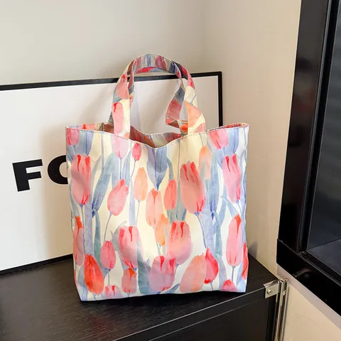 Women Large Capacity Canvas Tote Bag Floral Tulip Print Shoulder Bag Casual Shopping Handbag With Star Plush Pendant