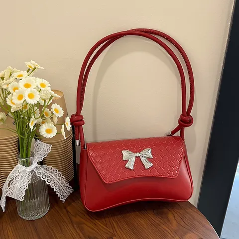 Fashion PU Leather Underarm Bag Woven Flap Silver Butterfly Buckle Knotted Shoulder Strap Small Square Bag For Women Casual Party Gift