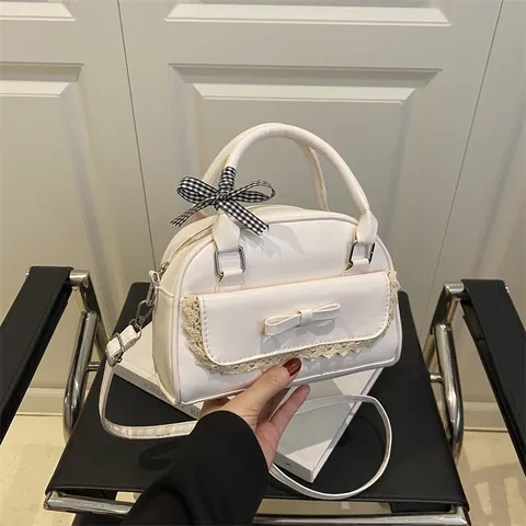 Sweet PU Leather Women Handbag With Lace Trim And Bow Plaid Ribbon Decoration Elegant Crossbody Shoulder Bag For Daily Dating Party