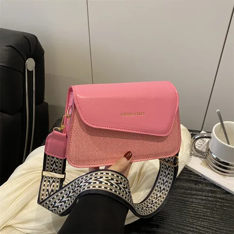 Women Fashion Small Square Bag PU Leather Woven Patchwork Wide Geometric Strap Shoulder Crossbody Bag Urban Casual Handbag