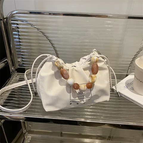 Bolso de Nube Plisado de Moda para Mujer Cuero Sintético con Cordón Bolso de Hombro con Asa de Cuentas con Textura de Ámbar Bolso Pequeño Cuadrado