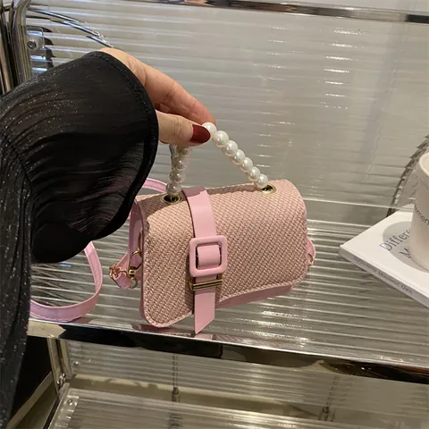 Women Fashion PU Leather Square Bag With Woven Texture Elegant Faux Pearl Handle Crossbody Shoulder Bag For Daily Matching