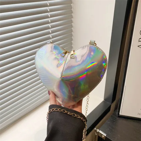 Women Fashion Heart Shaped Holographic Crossbody Bag Laser PU Leather Shoulder Bag With Golden Chain Strap Small Purse