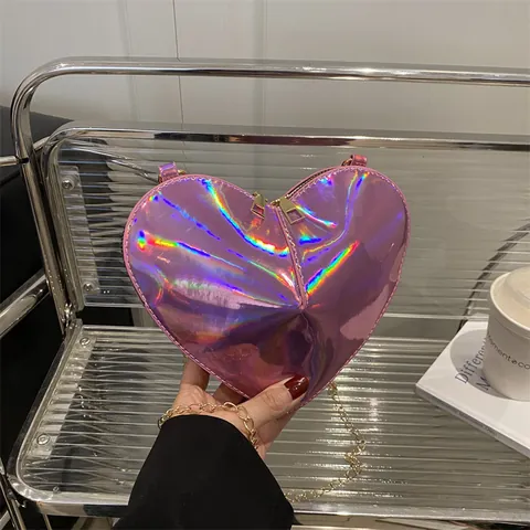Women Fashion Heart Shaped Holographic Crossbody Bag Laser PU Leather Shoulder Bag With Golden Chain Strap Small Purse