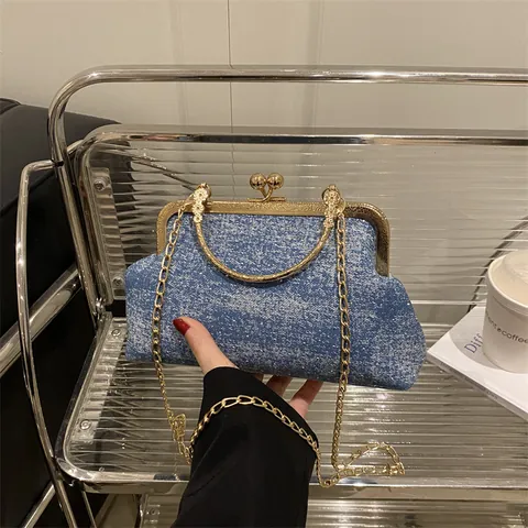 Vintage Denim Kiss-Lock Bag Metal Handle Detachable Chain Strap Retro Evening Clutch Shoulder Crossbody Bag For Women