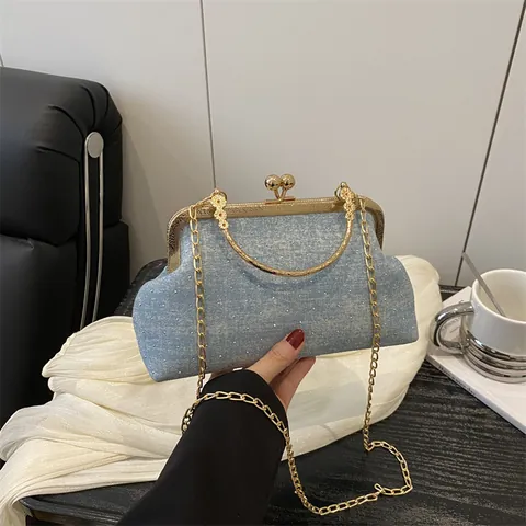 Vintage Denim Kiss-Lock Bag Metal Handle Detachable Chain Strap Retro Evening Clutch Shoulder Crossbody Bag For Women