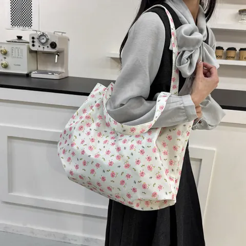 Women Floral Canvas Tote Bag Large Capacity Rose Flower Print Shoulder Bag Butterfly Pattern Shopping Handbag For Daily Travel