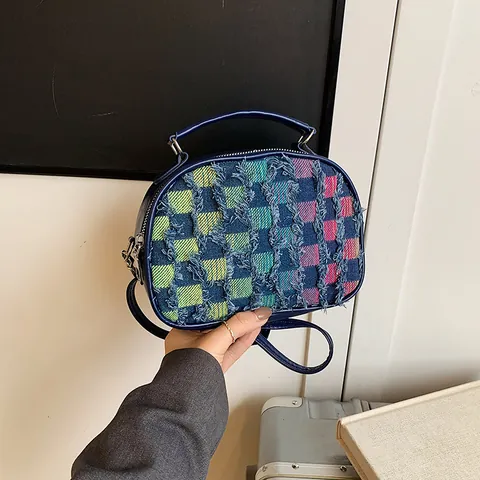 Women Fashion Denim Checkerboard Frayed Crossbody Bag Vintage Splicing Handbag With Adjustable Strap Small Square Shoulder Bag