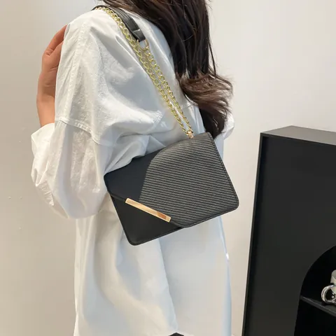 Women Fashion PU Leather Crossbody Bag Small Square Handbag Woven Texture Gold Chain Strap Metal Accent Shoulder Bag Daily Tote
