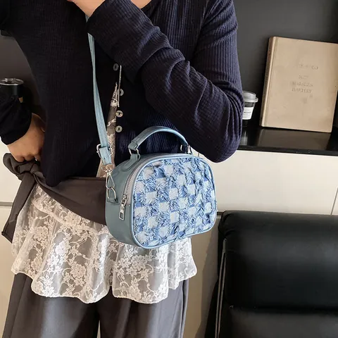 Women Fashion Denim Checkerboard Frayed Crossbody Bag Vintage Splicing Handbag With Adjustable Strap Small Square Shoulder Bag