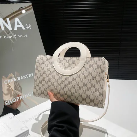 Women's Fashion PU Leather Monogram Crossbody Bag Round Top Handle Minimalist Small Square Shoulder Bag Commuter Purse