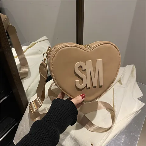 Women's Fashion Heart Shaped PU Leather Crossbody Bag With SM Letter Embossing Adjustable Wide Strap Sweet Shoulder Bag