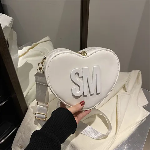 Women's Fashion Heart Shaped PU Leather Crossbody Bag With SM Letter Embossing Adjustable Wide Strap Sweet Shoulder Bag