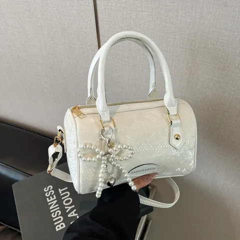 Women Vintage Snake Pattern PU Leather Boston Pillow Bag Handheld Shoulder Crossbody Bag With Pearl Bow Charm For Daily Work Party