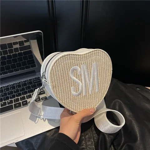 Fashion Heart Shaped Straw Crossbody Bag Women PU Leather Splicing SM Letter Embroidery Wide Shoulder Strap Casual Handbag
