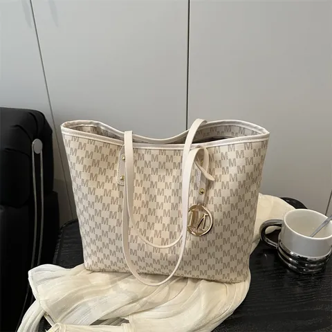 Women Large Capacity Monogram Tote Bag PU Leather Urban Fashion Commuter Shoulder Bag With M Letter Metal Charm