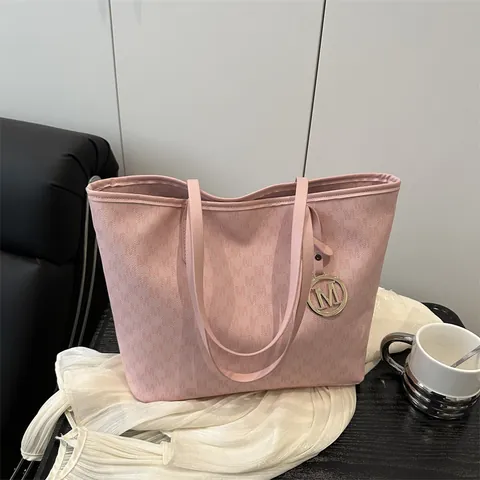 Women Large Capacity Monogram Tote Bag PU Leather Urban Fashion Commuter Shoulder Bag With M Letter Metal Charm