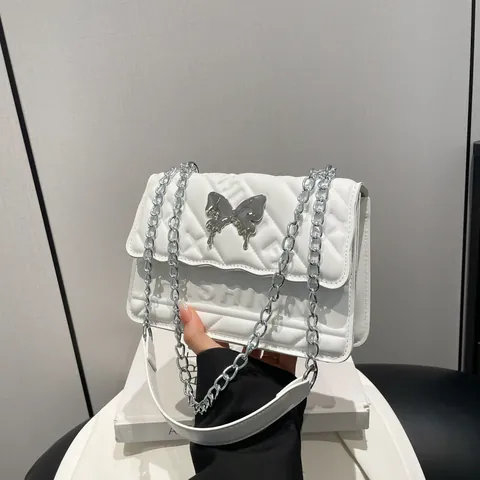 Women's Fashion PU Leather Quilted Shoulder Bag With Metal Butterfly Buckle Letter Embossed Chain Crossbody Square Bag