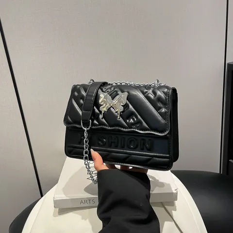 Women's Fashion PU Leather Quilted Shoulder Bag With Metal Butterfly Buckle Letter Embossed Chain Crossbody Square Bag