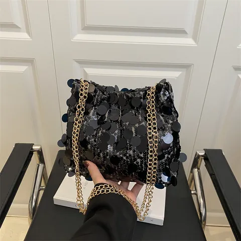 Luxury Women Sequin Underarm Bag With Metal Chain Strap French Style Evening Party Shoulder Crossbody Bucket Bag Jewelry