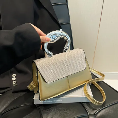 Women Fashion PU Leather Rhinestone Flap Fluid Metal Handle Handbag Crossbody Shoulder Bag For Party Banquet Daily Chic Style