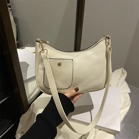 Minimalistische PU Leren Onderarmtas Dames Halve Maan Hobo Schoudertas Met Voorvak Gouden Hardware Veelzijdige Tas
