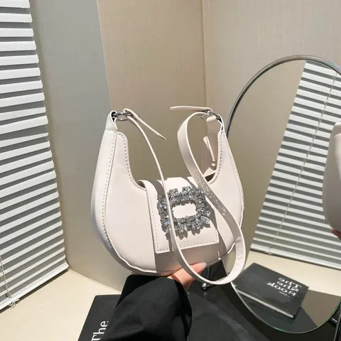 Luxury Rhinestone Buckle Crescent Hobo Bag Women PU Leather Underarm Shoulder Bag Small Evening Party Handbag Retro Purse