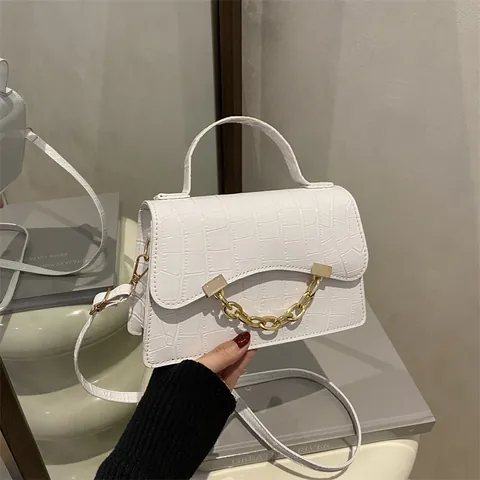 Fashion Croc-Embossed PU Leather Box Bag For Women Chunky Gold Chain Decor Shoulder Crossbody Handbag Small Square Bag