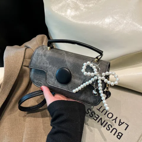 Borsa Donna Retro in Pelle PU Piccola Quadrata Con Ciondolo Cuore Fiocco di Künstliche Perle Colore a Contrasto Borsa a Tracolla